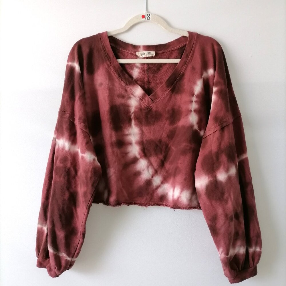 Peach Love Womens Maroon Balloon Sleeve Tie Dye Drop Shoulder Crop Blouse Size S